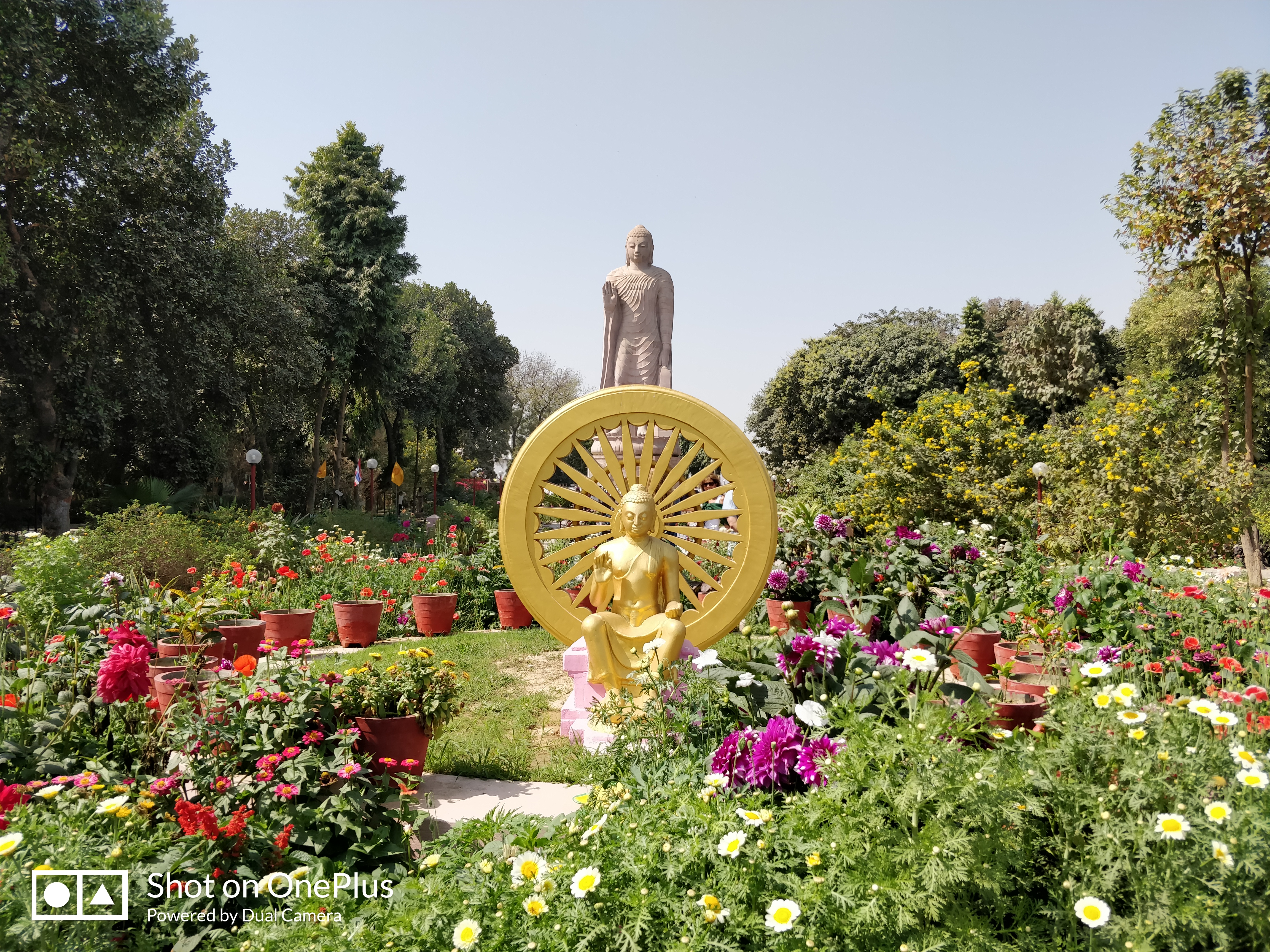 View of golden buddha with wheel of dharma with standing buddha statue at the background