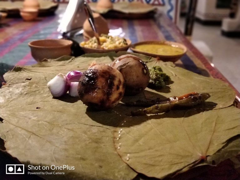 Baati or Litti choka meal at Baati Choka restaurant in Varanasi