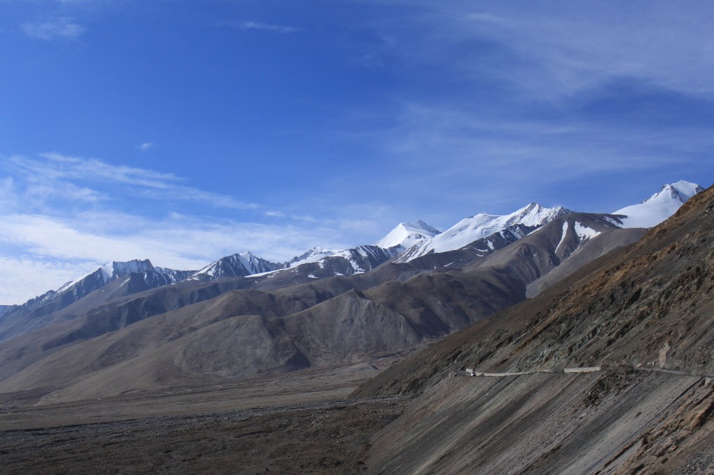 Snow capped mountains close to Pangong lake